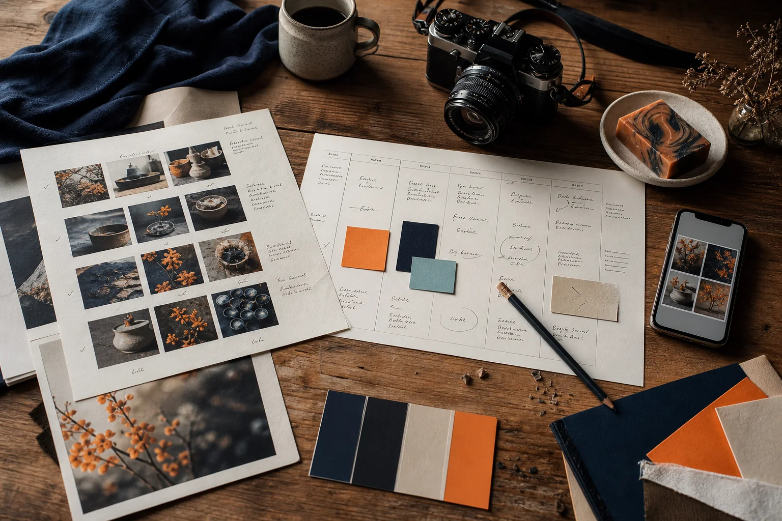 Planejamento editorial com fotografias, calendário, câmera e referências de marca