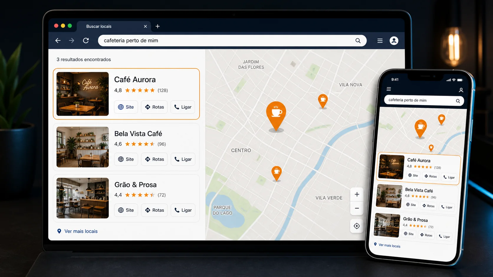 Busca local ilustrativa com mapa, empresas próximas e botões de site, rotas e ligação