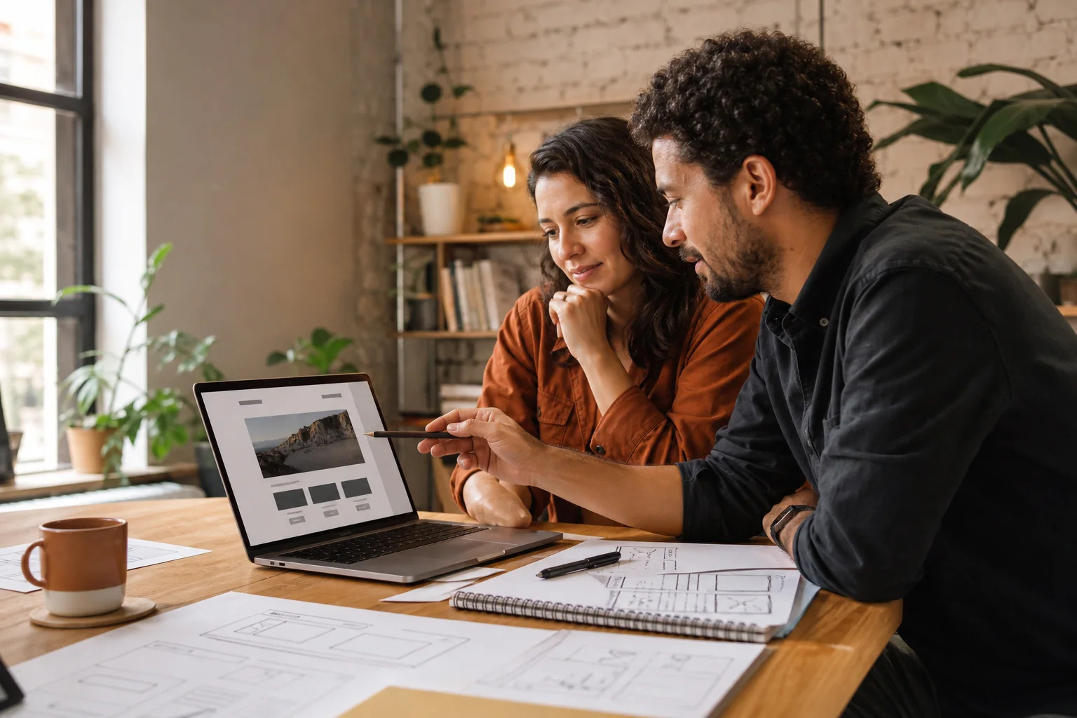 Empresária e estrategista revisando uma landing page
