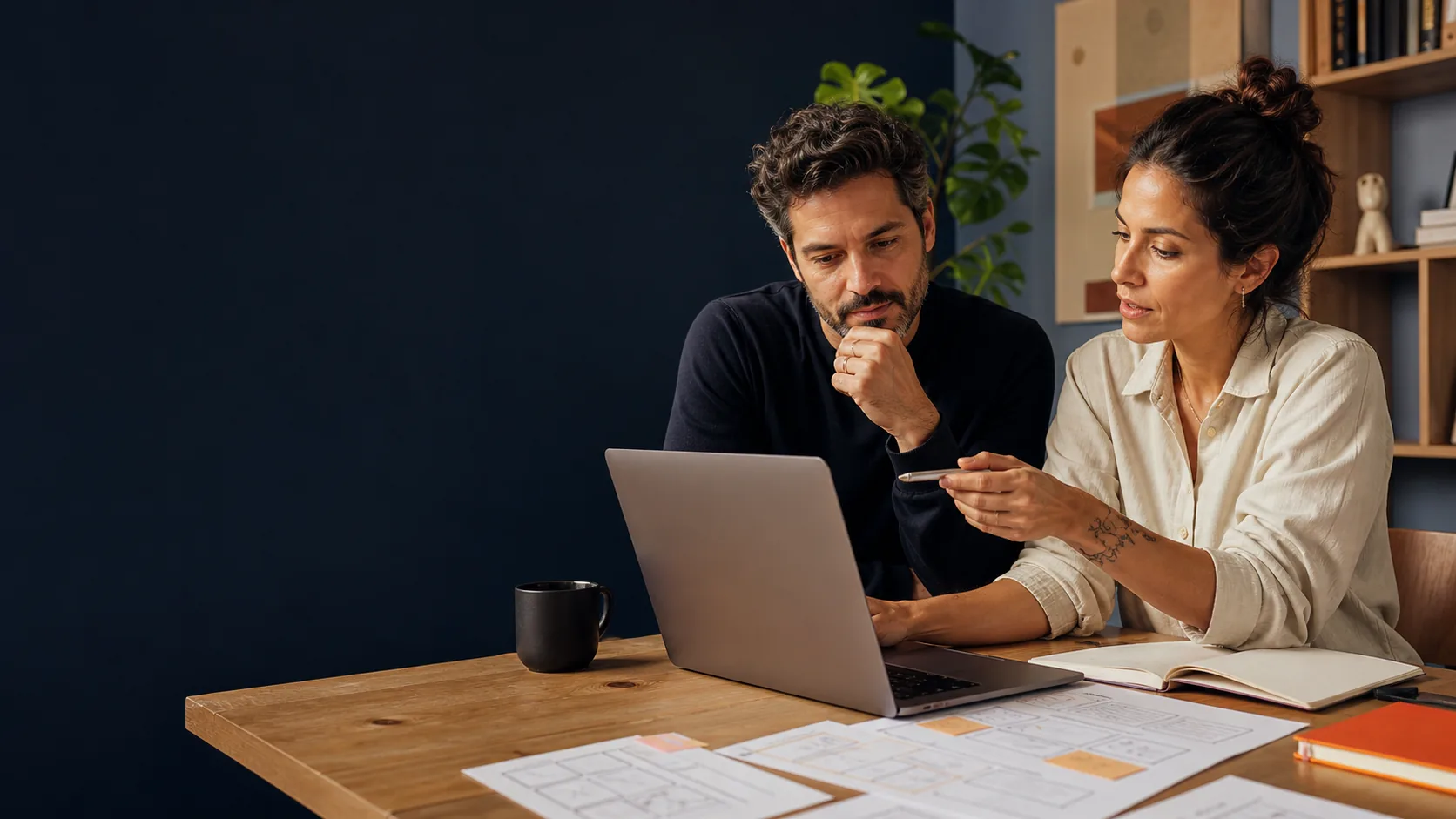 Empresário e estrategista analisando uma landing page de campanha