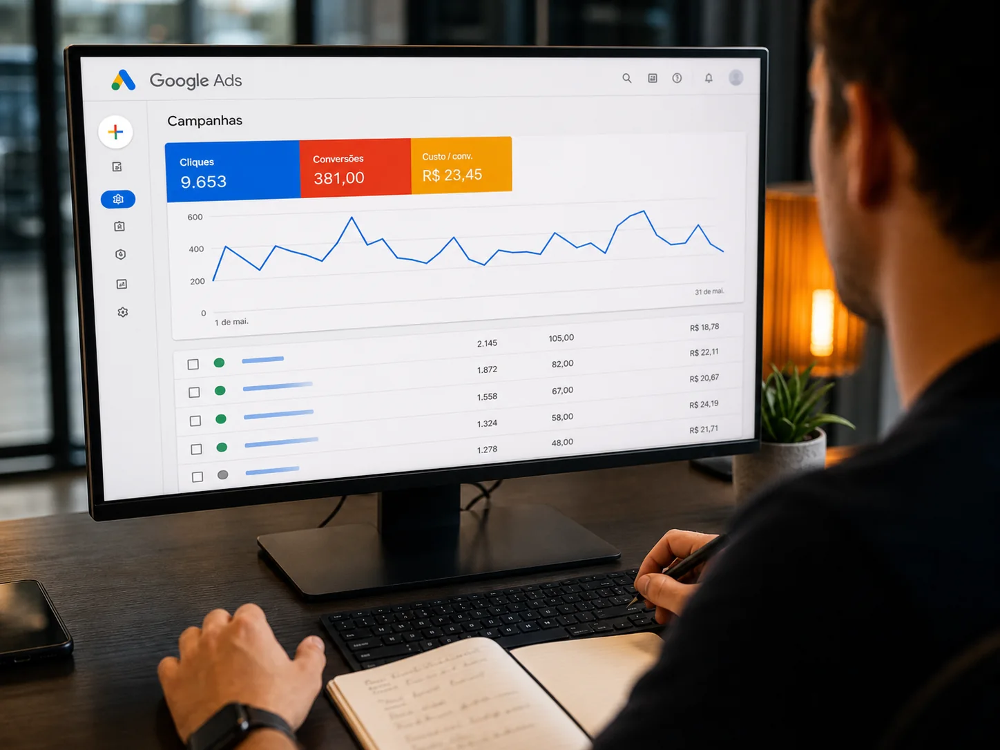 Painel do Google Ads com campanhas, cliques e conversões