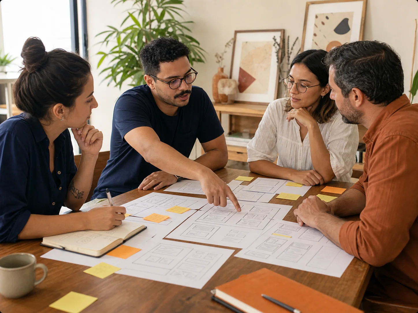Equipe definindo a arquitetura e os conteúdos de um site