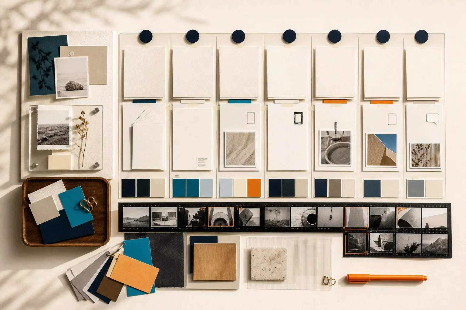 Calendário editorial com cartões, fotografias, cores e anotações de conteúdo