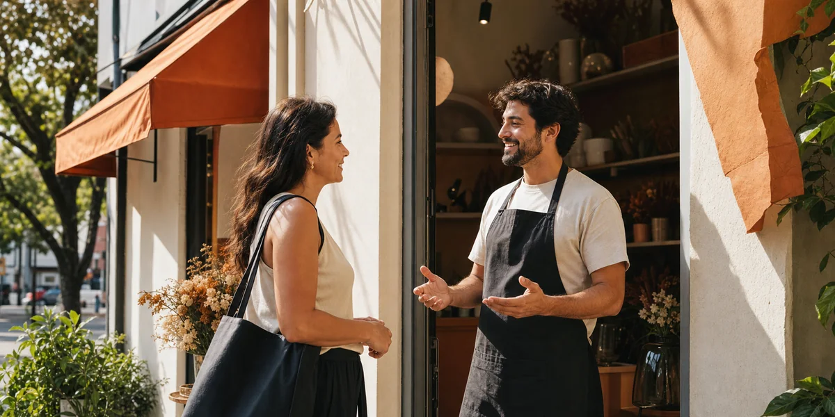 Empreendedor conversando com uma cliente em seu negócio